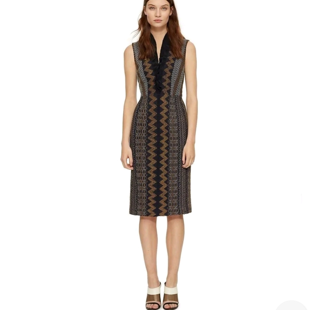 Tory Burch Smocked Sheath V Neck Threadwork Geometric Navy Blue Midi Dress